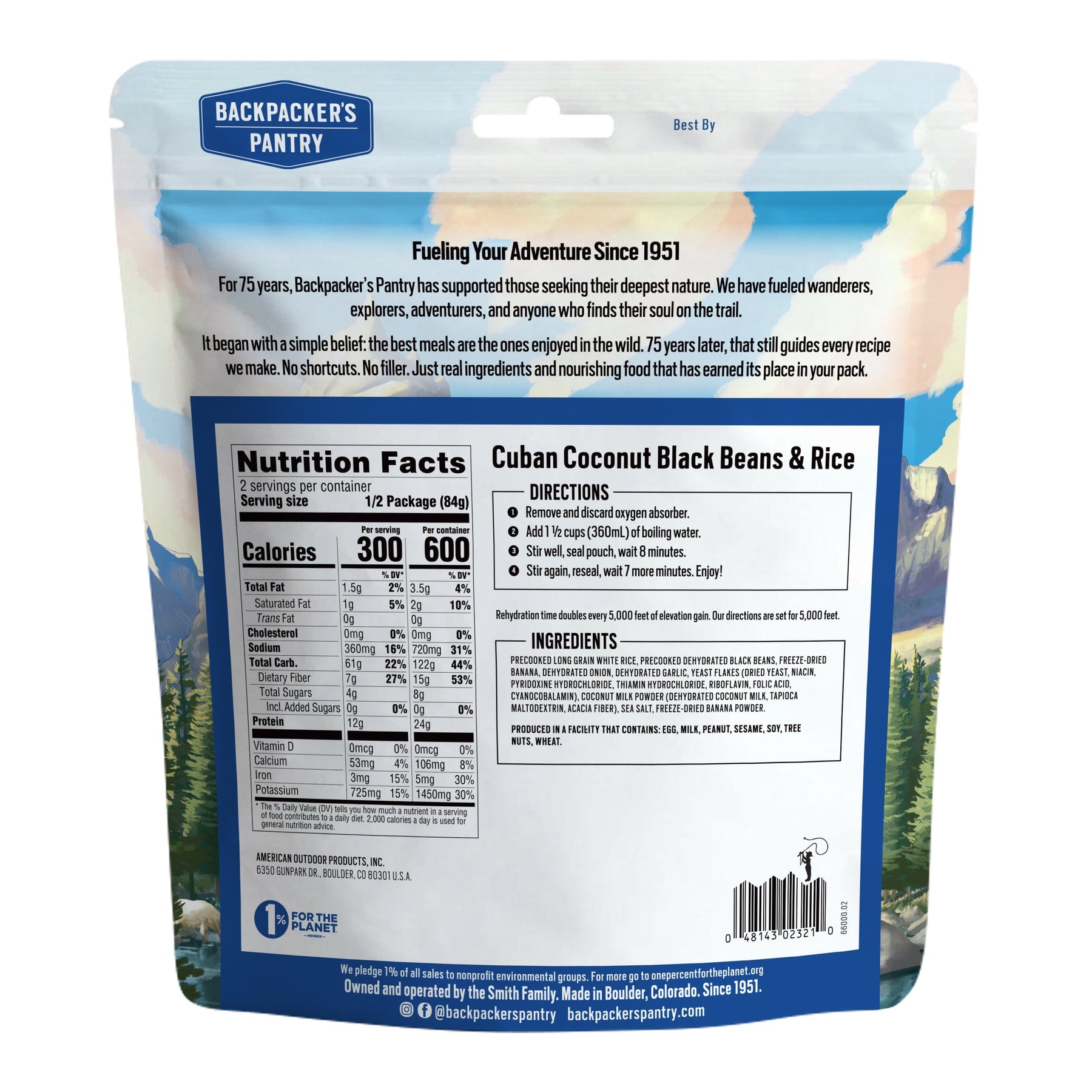 Caribbean-inspired freeze-dried meal with coconut rice, black beans, banana and cilantro