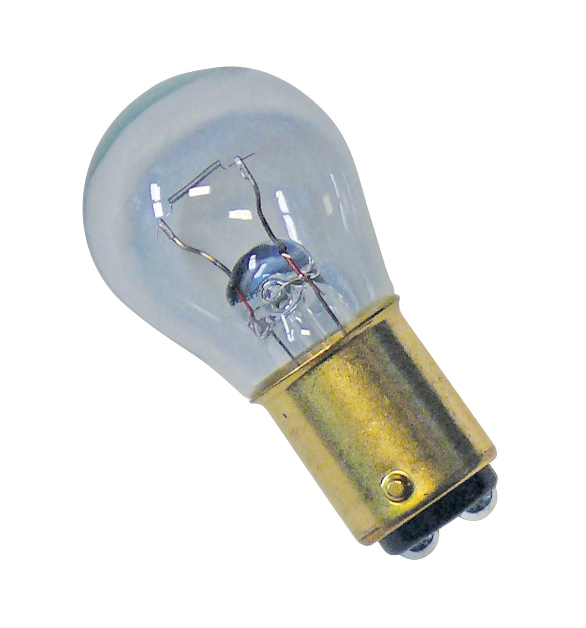 Clear light bulb with metallic base on a white background