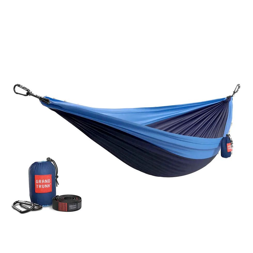 Packable two-person parachute nylon hammock with included straps and carabiners