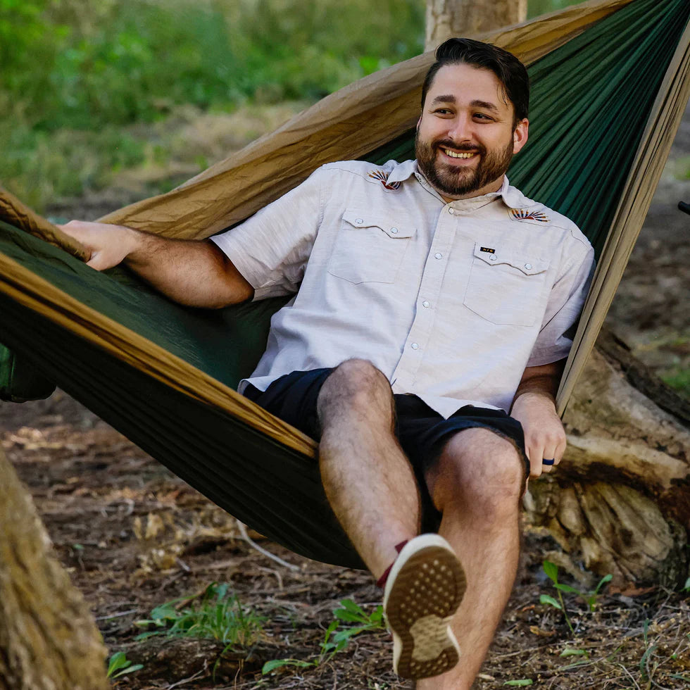 Outdoor lounging hammock with lightweight construction and durable nylon material