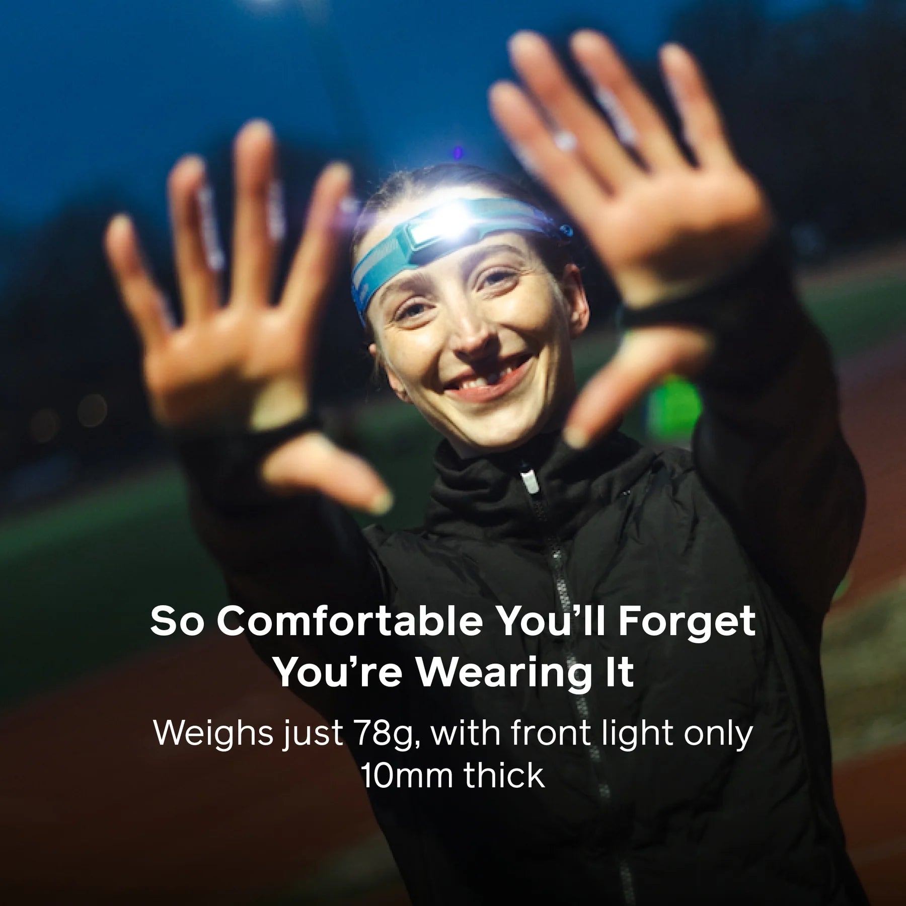 Image of the headlamp connected to a USB-C cable, showing its rechargeable battery feature.