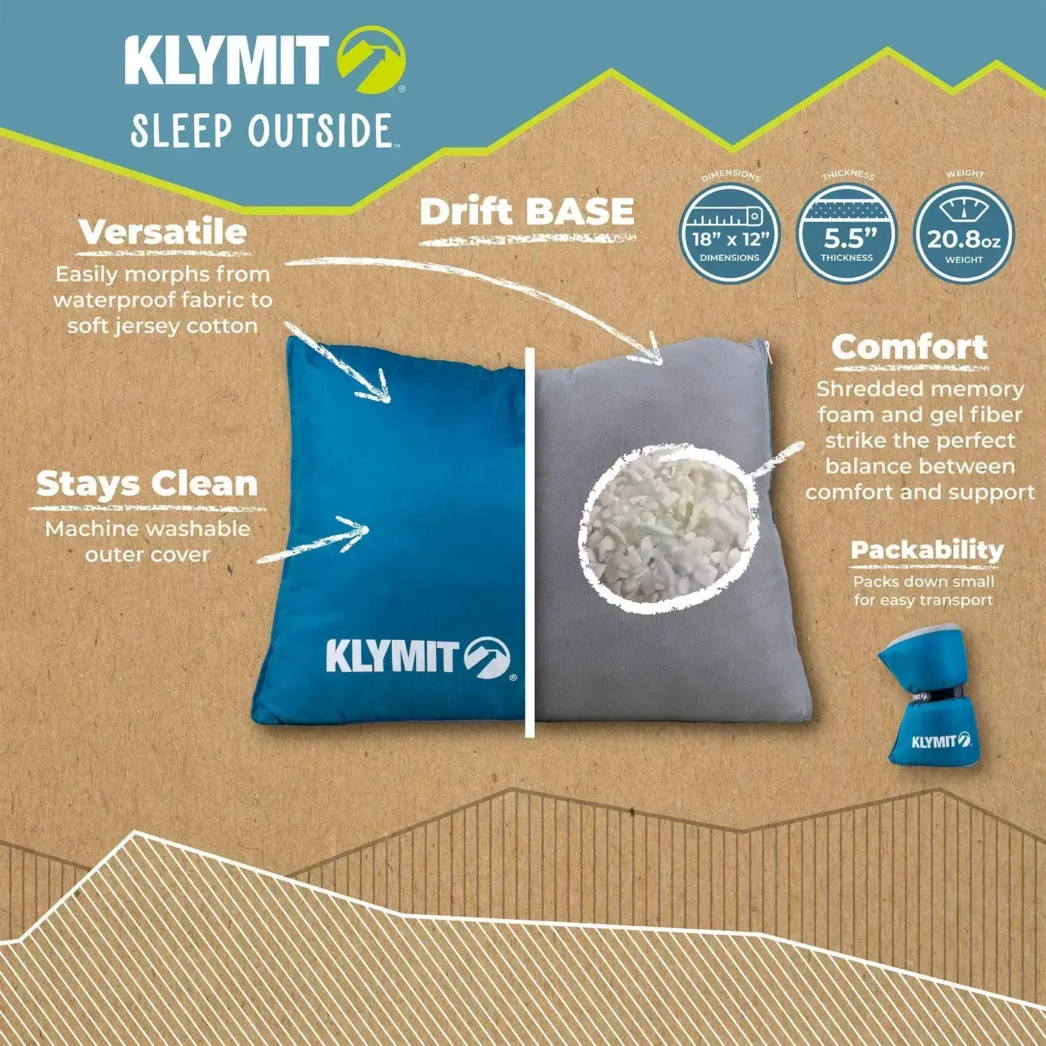 Drift Base pillow displaying ripstop polyester outdoor side