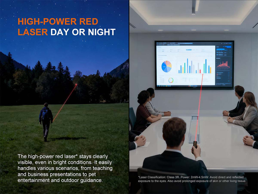 High-power red laser being used outdoors and indoors with a screen displaying data.