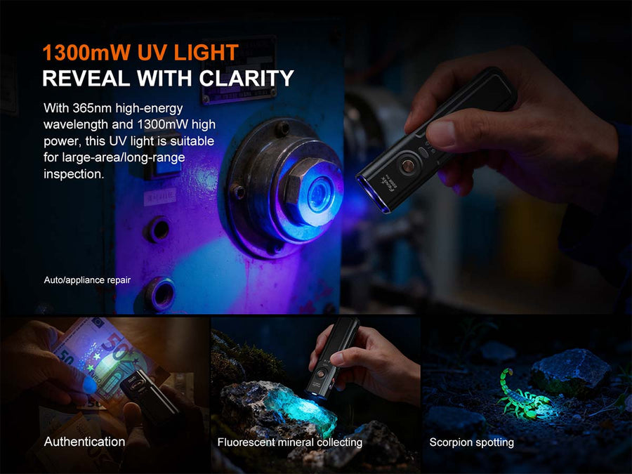 Fenix E06R PRO flashlight with included USB-C charging cable and lanyard