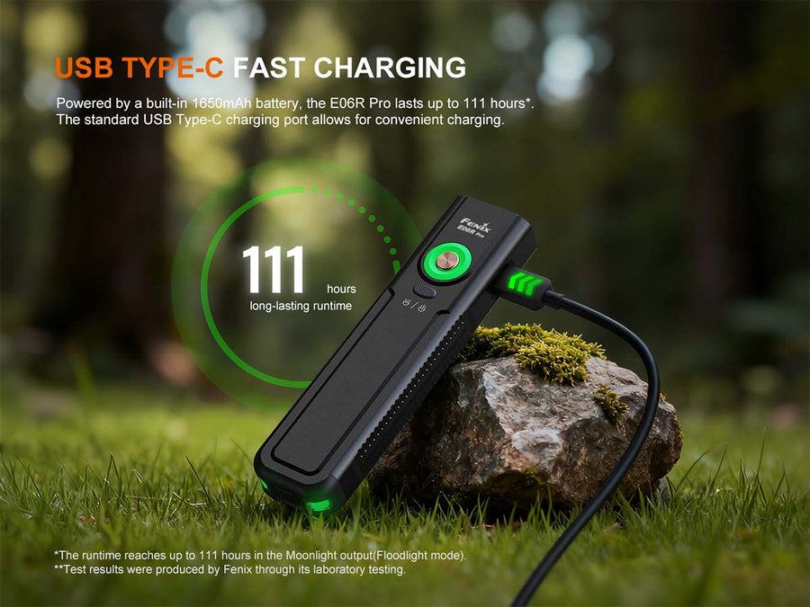 Black electronic device with USB Type-C charging feature on a grassy background