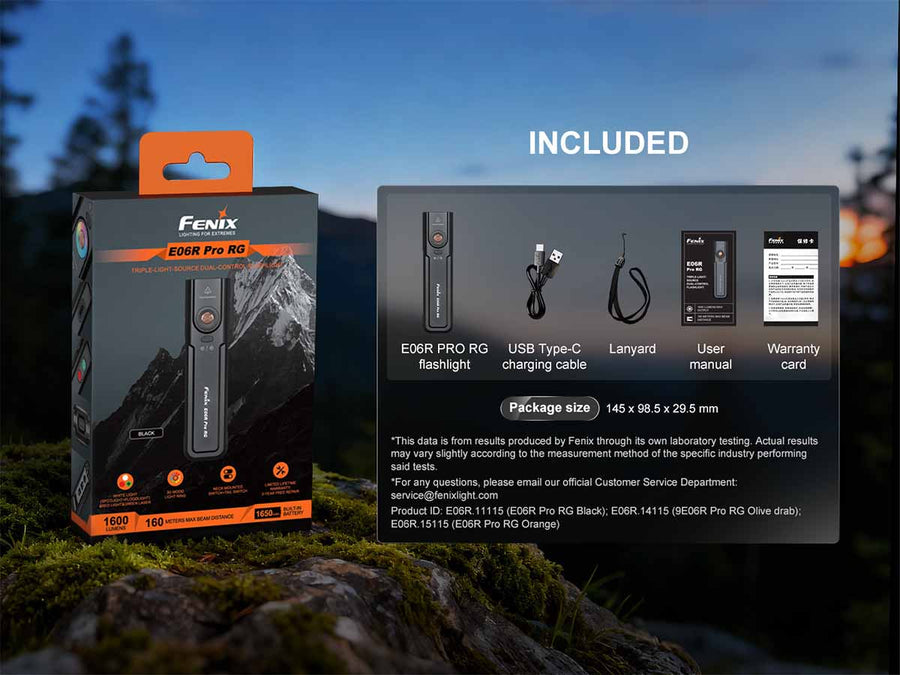 Fenix E06R PRO RG Flashlight Specifications and Beam Performance Chart
