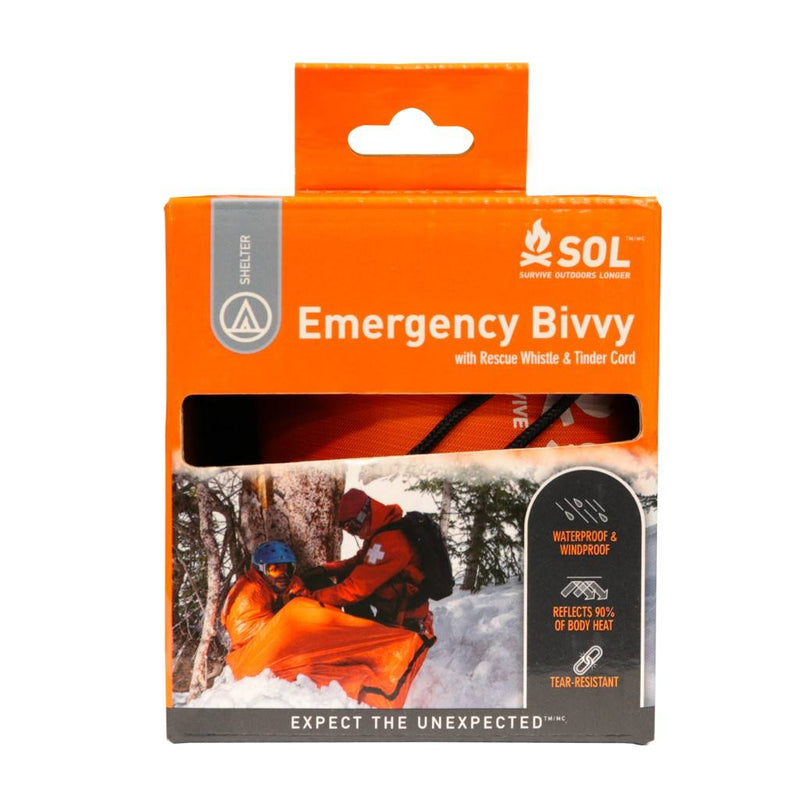 Compact, lightweight emergency bivvy with rescue whistle, designed to reflect 90% of body heat for life-saving warmth.