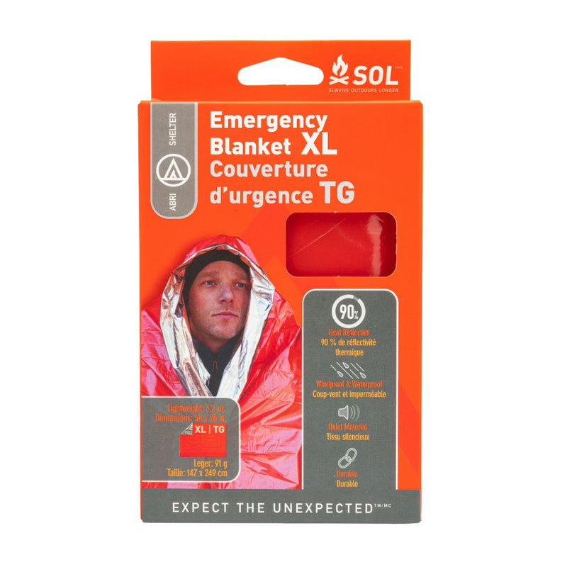Emergency Blanket XL made from vacuum-metalized polyethylene, reflecting 90% of body heat with high-visibility orange exterior for easy location by rescuers.