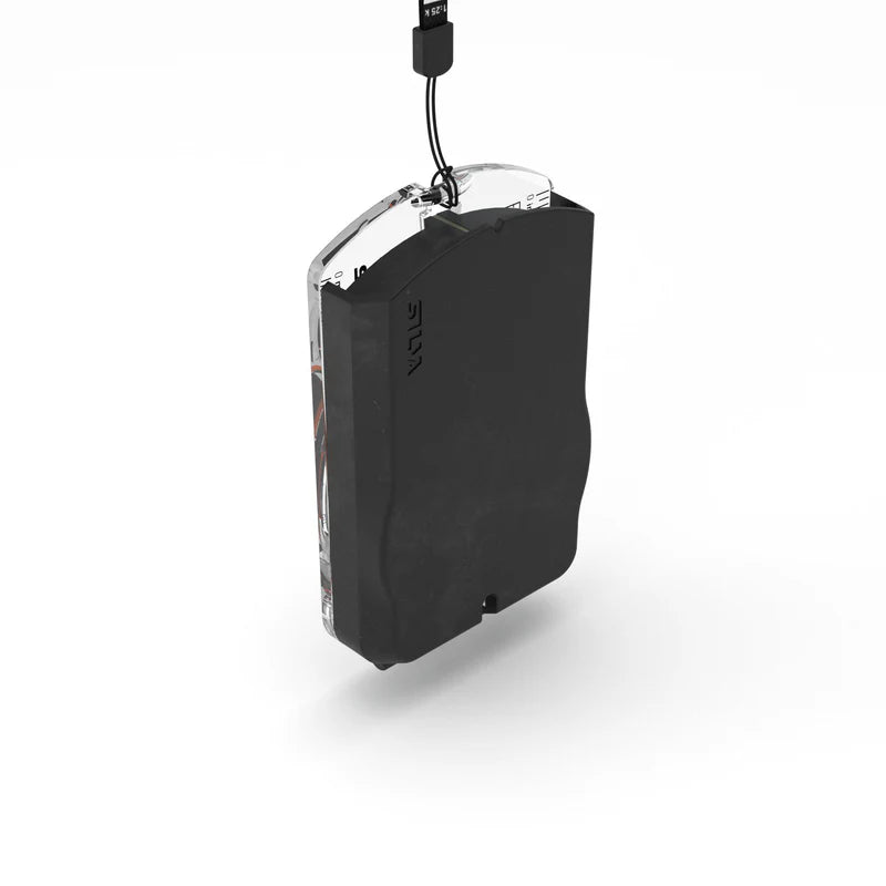 A close-up of the Silva Expedition S detachable lanyard, featuring 1:25,000 and 1:50,000 map scales. The soft, bendable lanyard is placed over a map for measuring distances.

