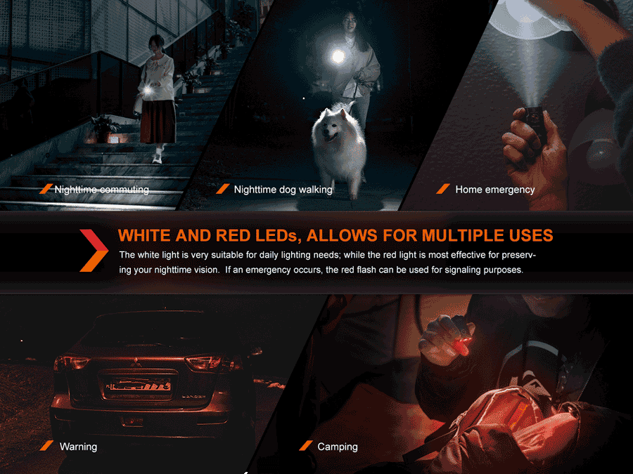 Fenix E03R V2.0 flashlight showing white and red LED modes