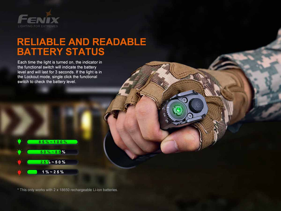 Hand wearing a tactical glove with a flashlight displaying battery status, branded 'Fenix'.