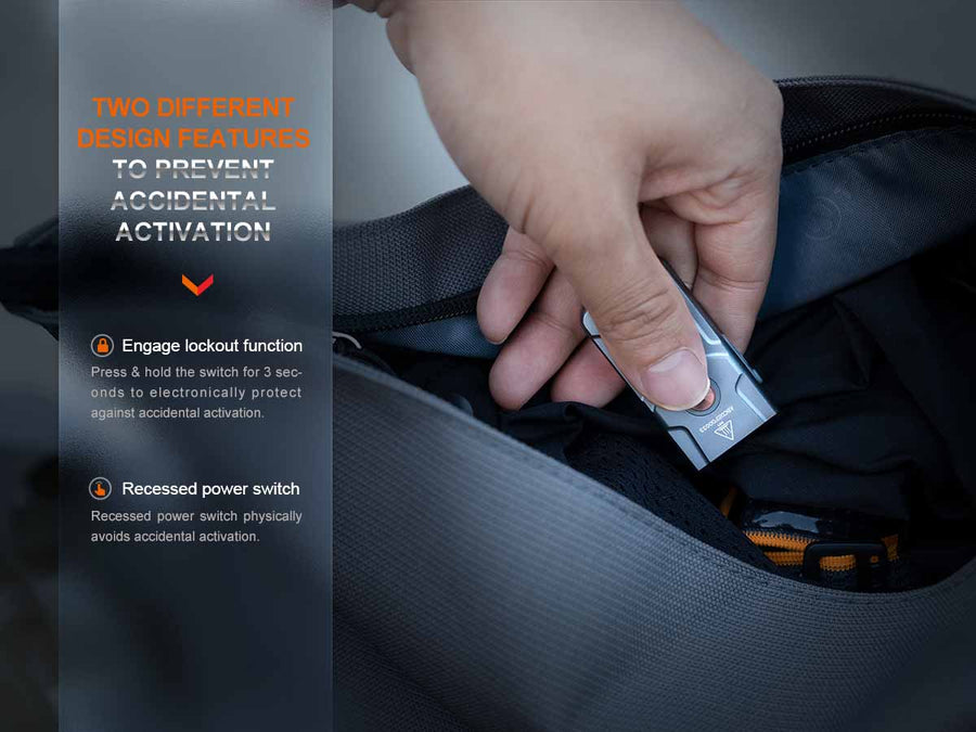 Fenix E03R V2.0 compact EDC flashlight attached to a keyring