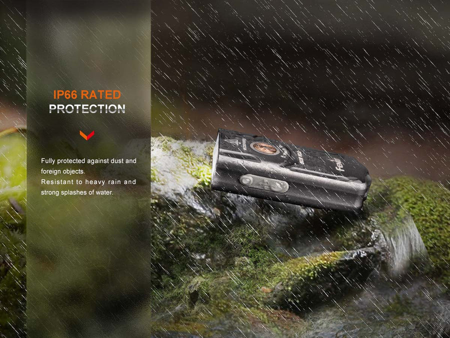 Flashlight in a rainstorm with IP66 rating text on the left