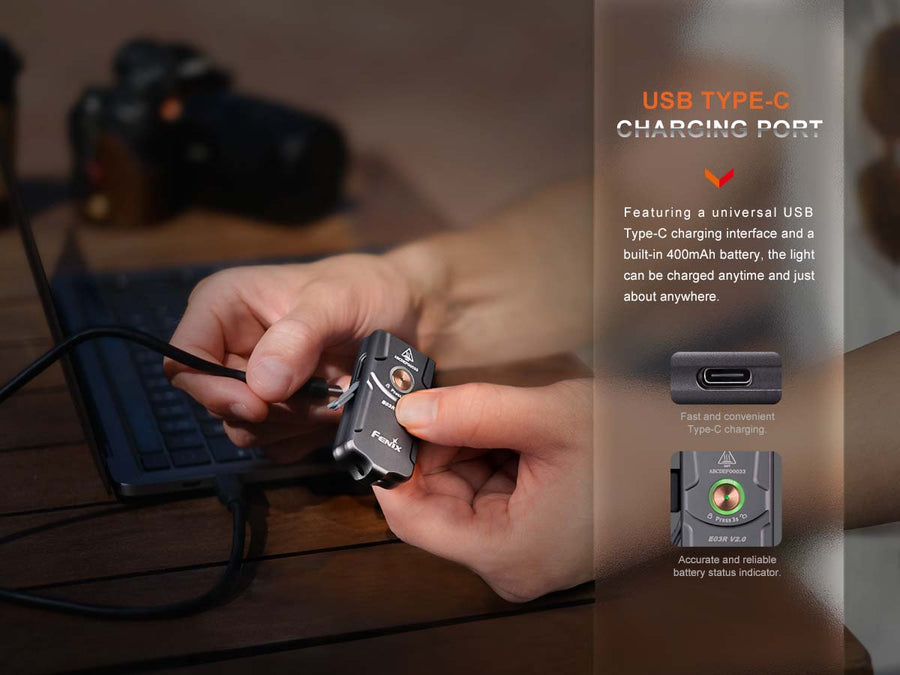Compact Fenix E03R V2.0 keychain flashlight for everyday carry, camping, and emergency preparedness