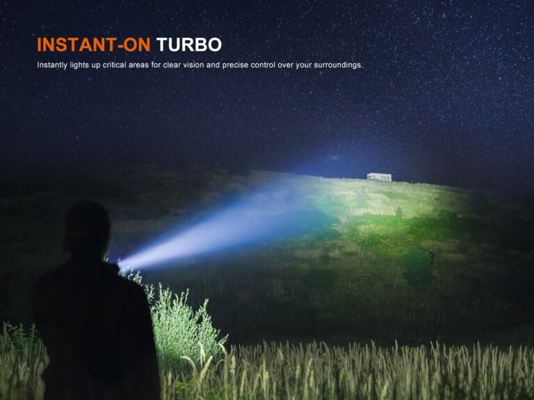 Fenix HT18R V2.0 flashlight beam throw illumination showing long-distance beam in dark environment