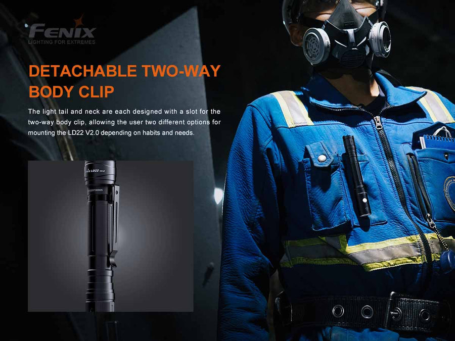 Fenix LD22 V2.0 flashlight with reversible two-position pocket clip