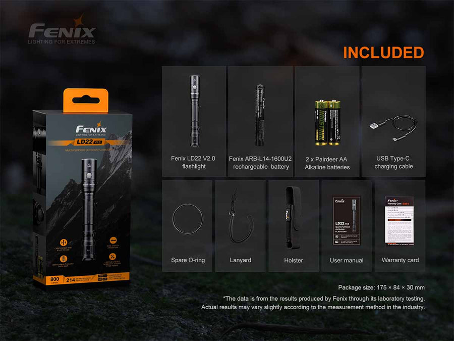 Fenix LD22 V2.0 flashlight accessories including holster, lanyard and spare O-ring