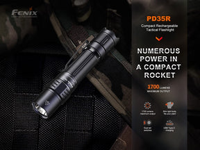 Fenix PD35R flashlight beam reaching up to 353 meters.