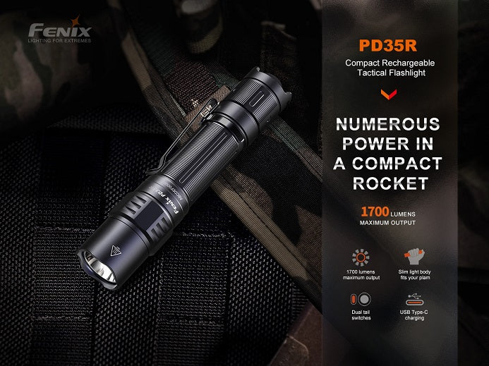 Fenix PD35R flashlight beam reaching up to 353 meters.