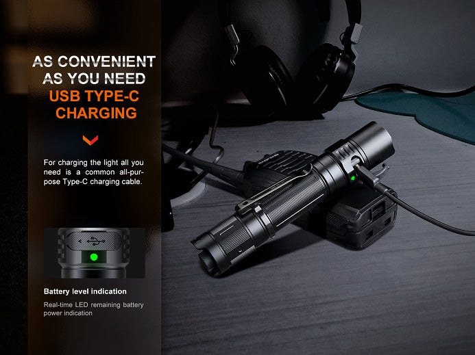 Waterproof USB Type-C charging port with battery level indicator on Fenix PD35R flashlight.