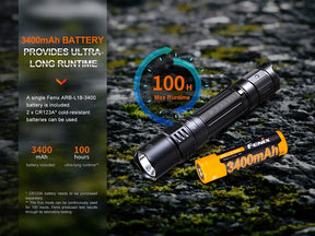 Fenix PD35R flashlight showcasing IP68 dustproof and waterproof rating.