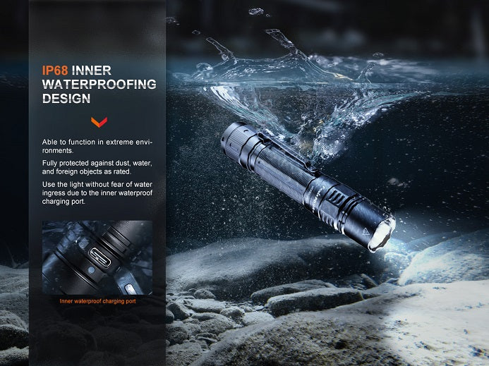 Fenix PD36R Pro flashlight submerged in water, highlighting its IP68-rated dustproof and waterproof desig