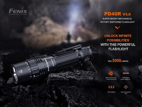 Close-up of the Fenix PD40R V3.0 flashlight's quality Luminus SFT70 LED and unique mechanical rotary switch for precise output selection