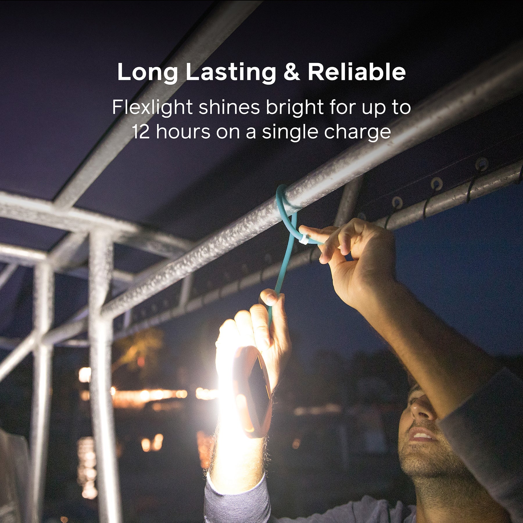 Person using a Flexlight on a metal structure with text highlighting its long-lasting and reliable features.