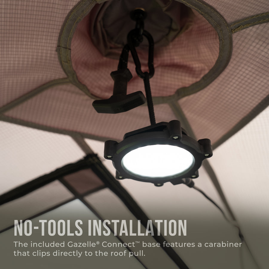 Gazelle Connect light kit mounted inside camping tent for bright interior lighting