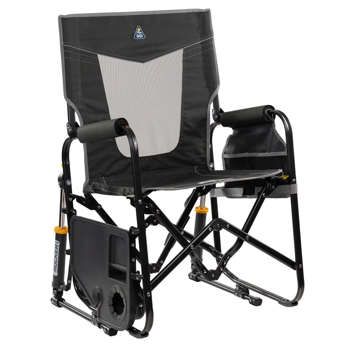 GCI foldable rocker chair with high backrest and padded armrests