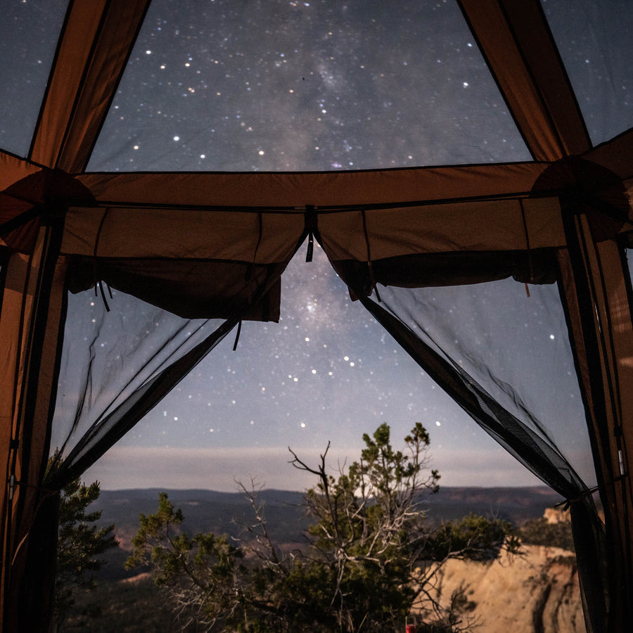 Starry night sky viewed from inside a tent with a scenic landscape.