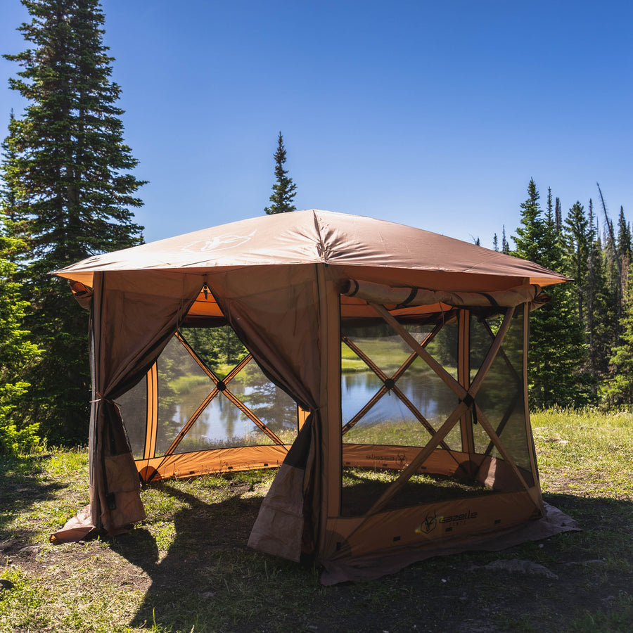 Interior roof shot of the Gazelle G6 Cool Top gazebo—hexagonal center hub with mesh ceiling and fabric panels