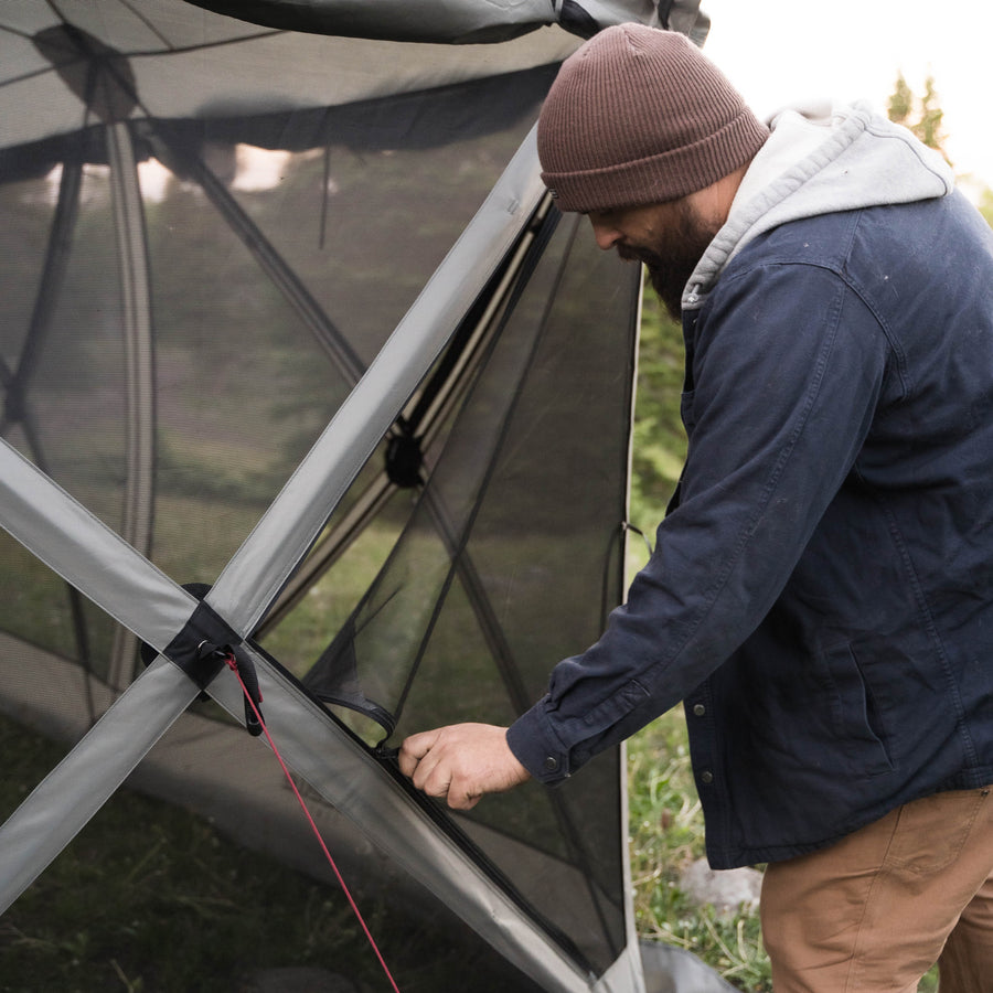 Gazelle Tandem gazebo with front panel used as awning