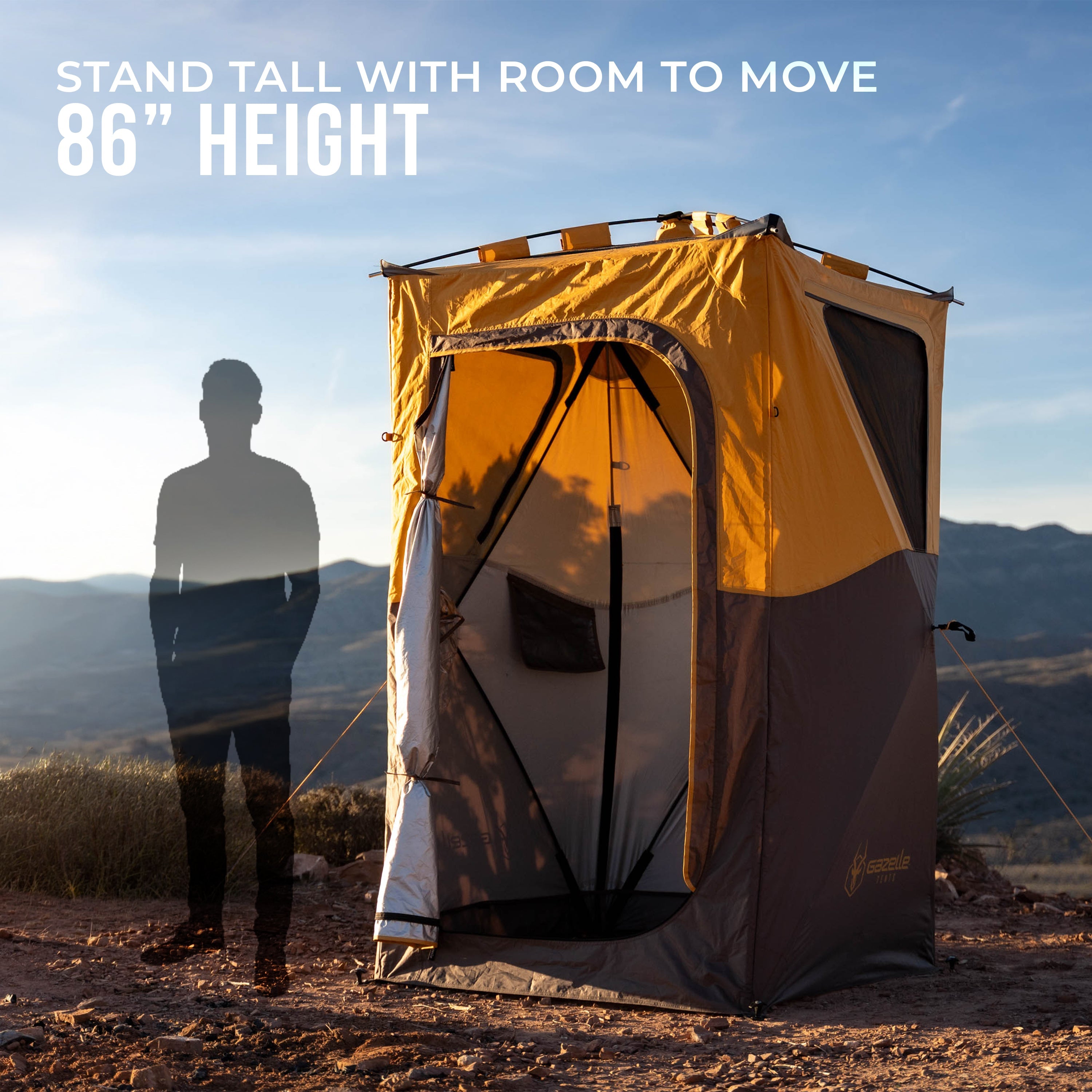 Gazelle camping shower tent with weather-resistant fabric and zippered door