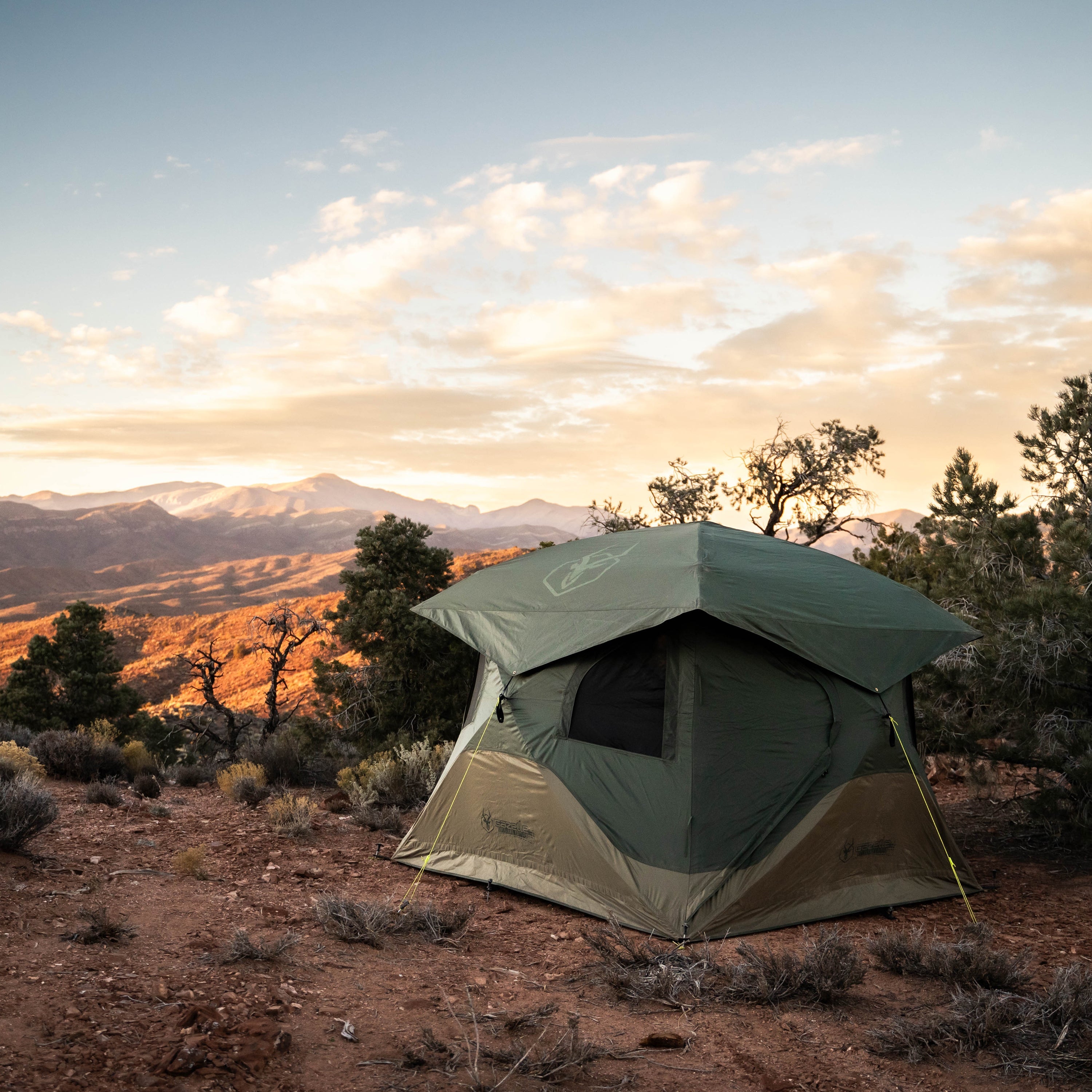 Spacious interior of the Gazelle T4 Hub Tent Overland Edition, featuring six mesh windows, gear loft, and removable floor.