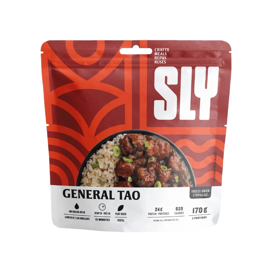 SLY General Tso's freeze-dried meal with brown rice and plant-based protein