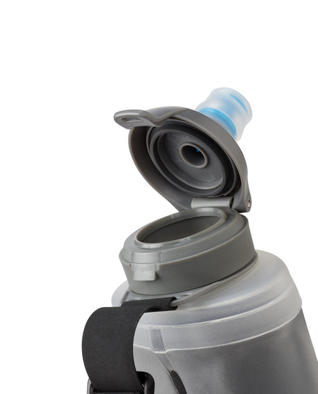 Running hydration flask with Velcro-style adjustable strap