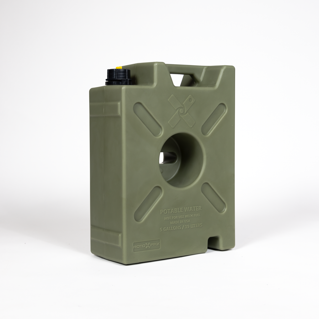 Green RotopaX 5-Gallon Water Container designed for camping and survival gear setups

