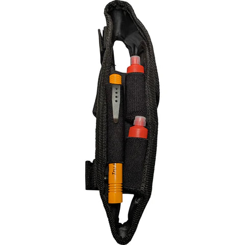 Bear spray holster secured vertically on a backpack strap with velcro loops