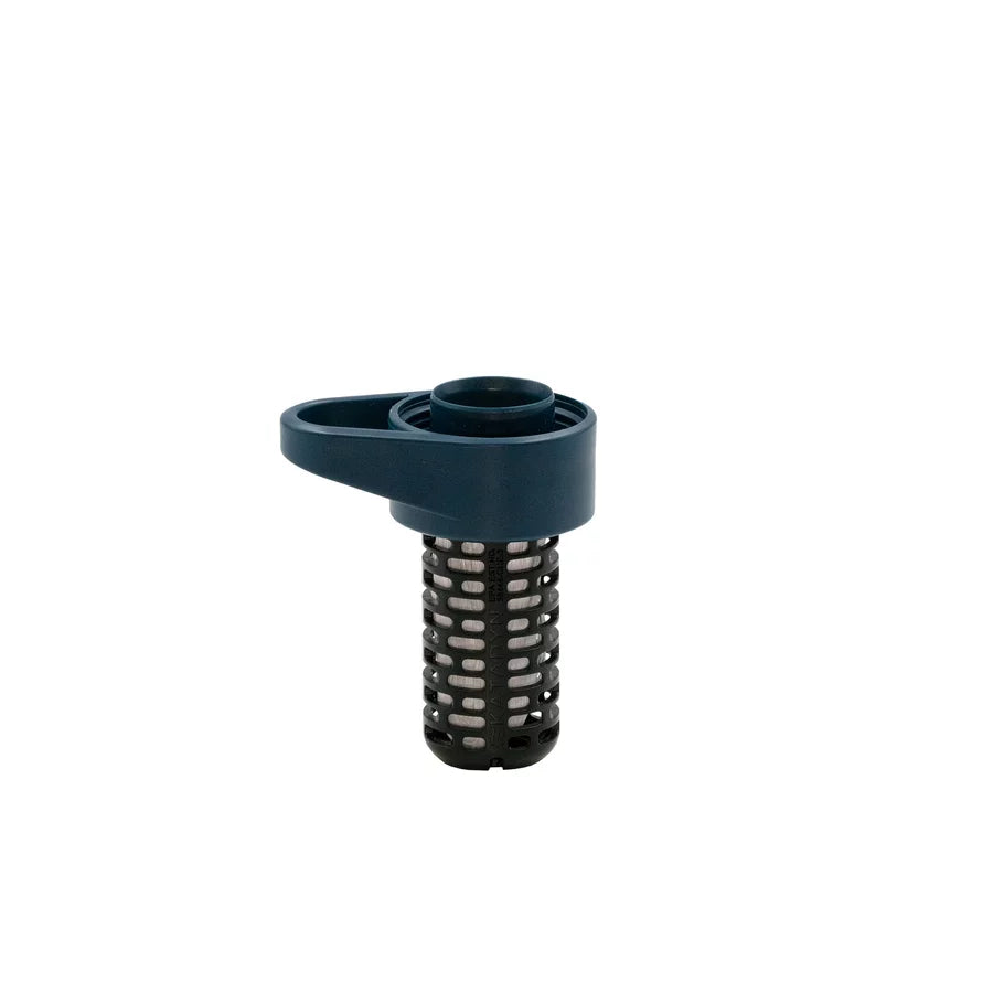 Blue plastic component with a cylindrical metal filter on a white background