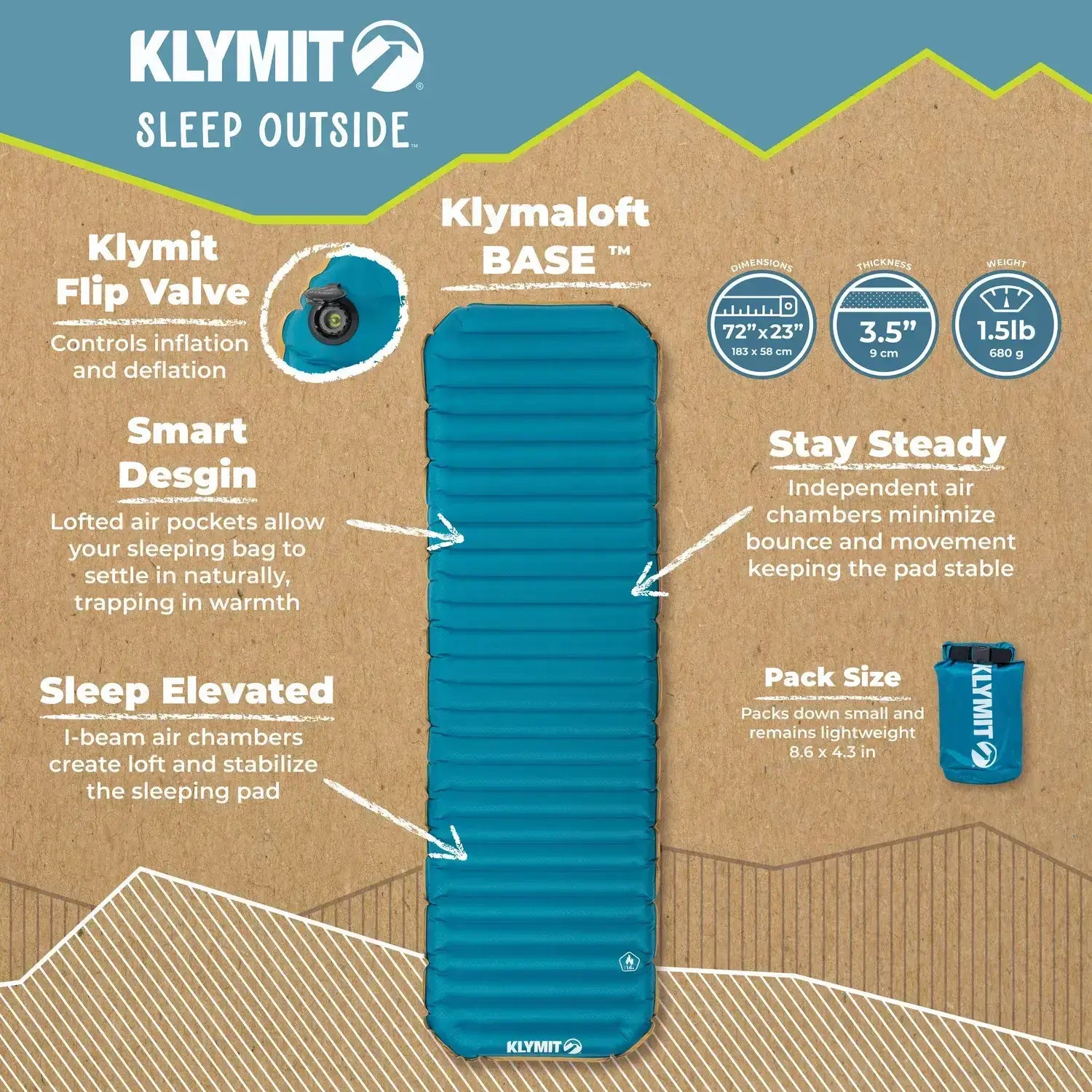 Camping sleeping pad designed to keep sleeping bag in place for warmth