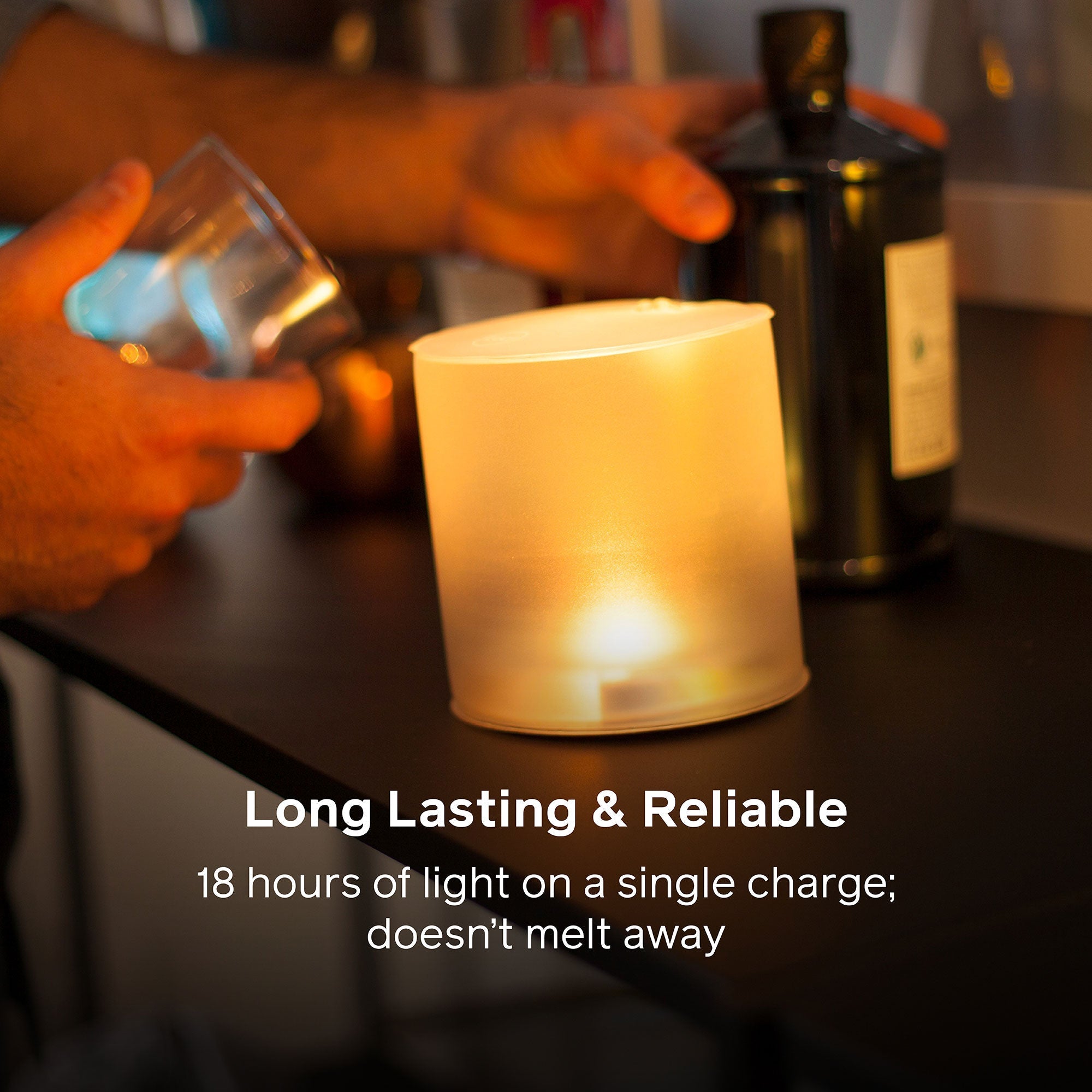 Candle-like light source on a table with text highlighting its long-lasting and reliable properties.