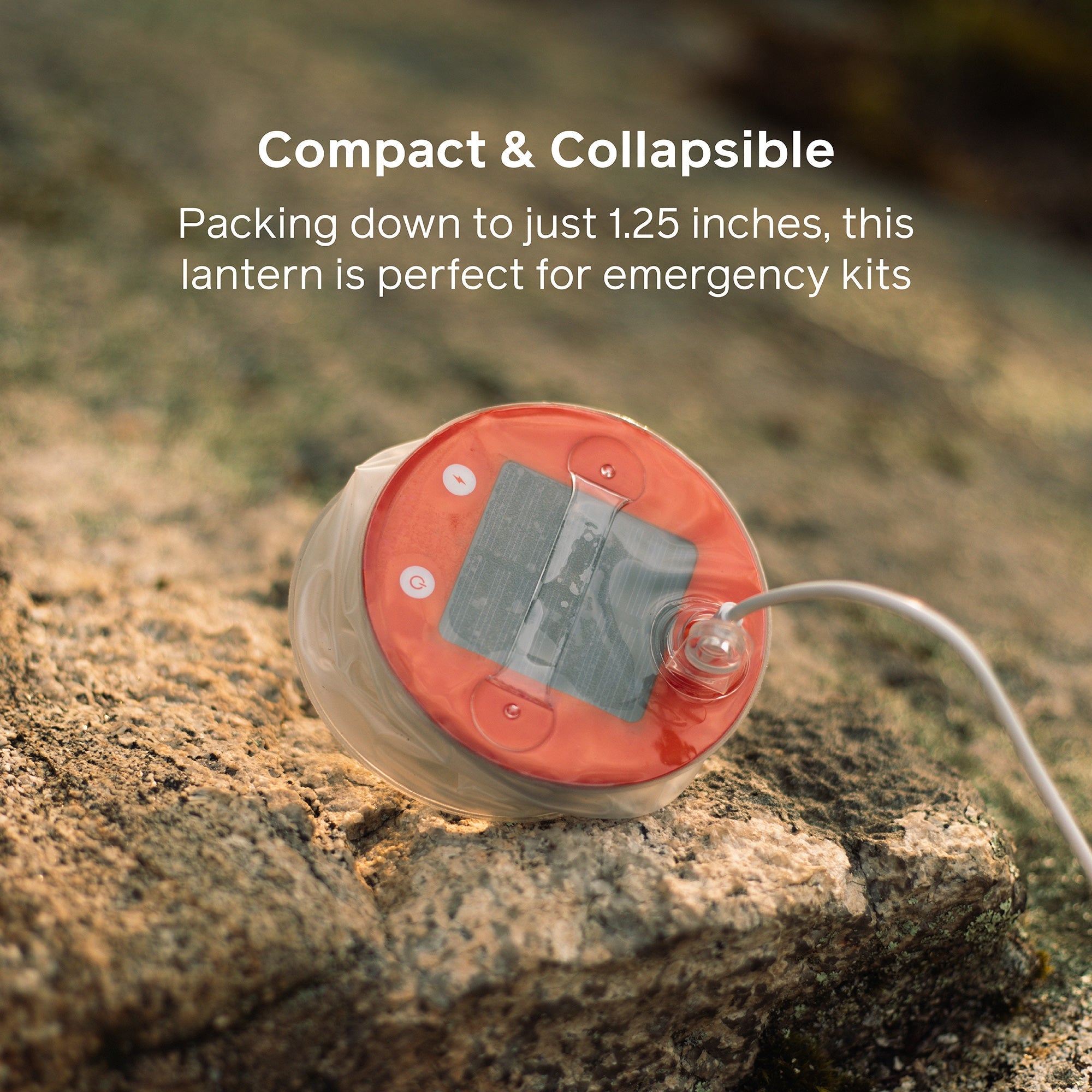 Compact collapsible lantern on a rock with text about its size and use
