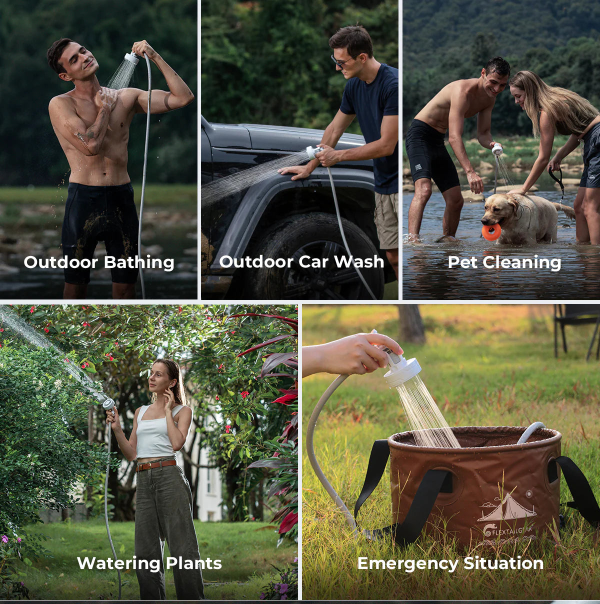 Rechargeable outdoor shower system with pump, hose, and handheld showerhead