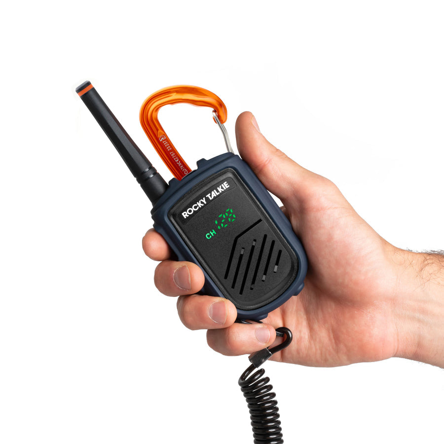 Rocky Talkie Mountain Radio with backup leash and climbing-rated carabiner