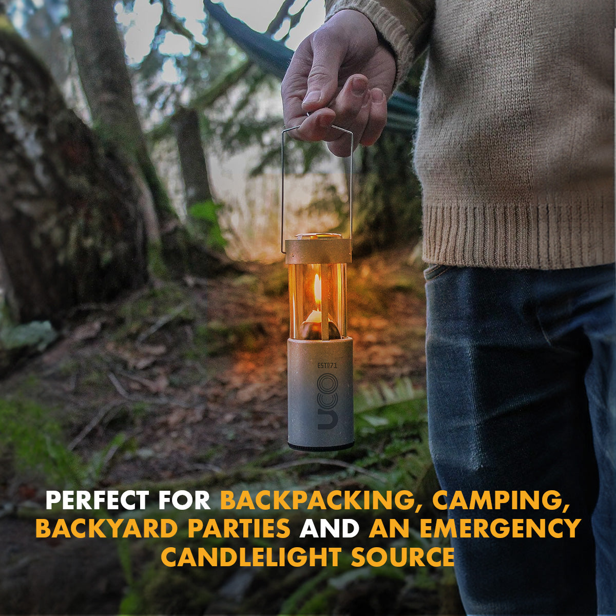 The Original Candle Lantern with its twist-lock base, carrying handle, and UCO 9-hour candle.
