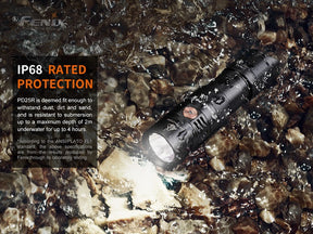 IP68 dustproof and waterproof rating of the Fenix PD25R flashlight.