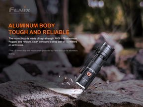 Toughened ultra-clear glass lens with anti-reflective coating on the Fenix PD25R flashlight