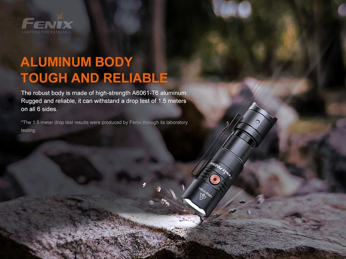 Toughened ultra-clear glass lens with anti-reflective coating on the Fenix PD25R flashlight