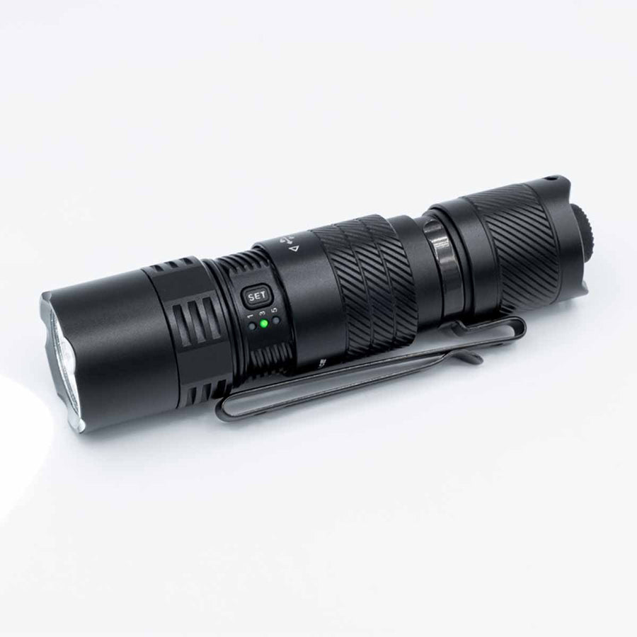 Fenix PD26R ACE flashlight showing tactical tail switch
